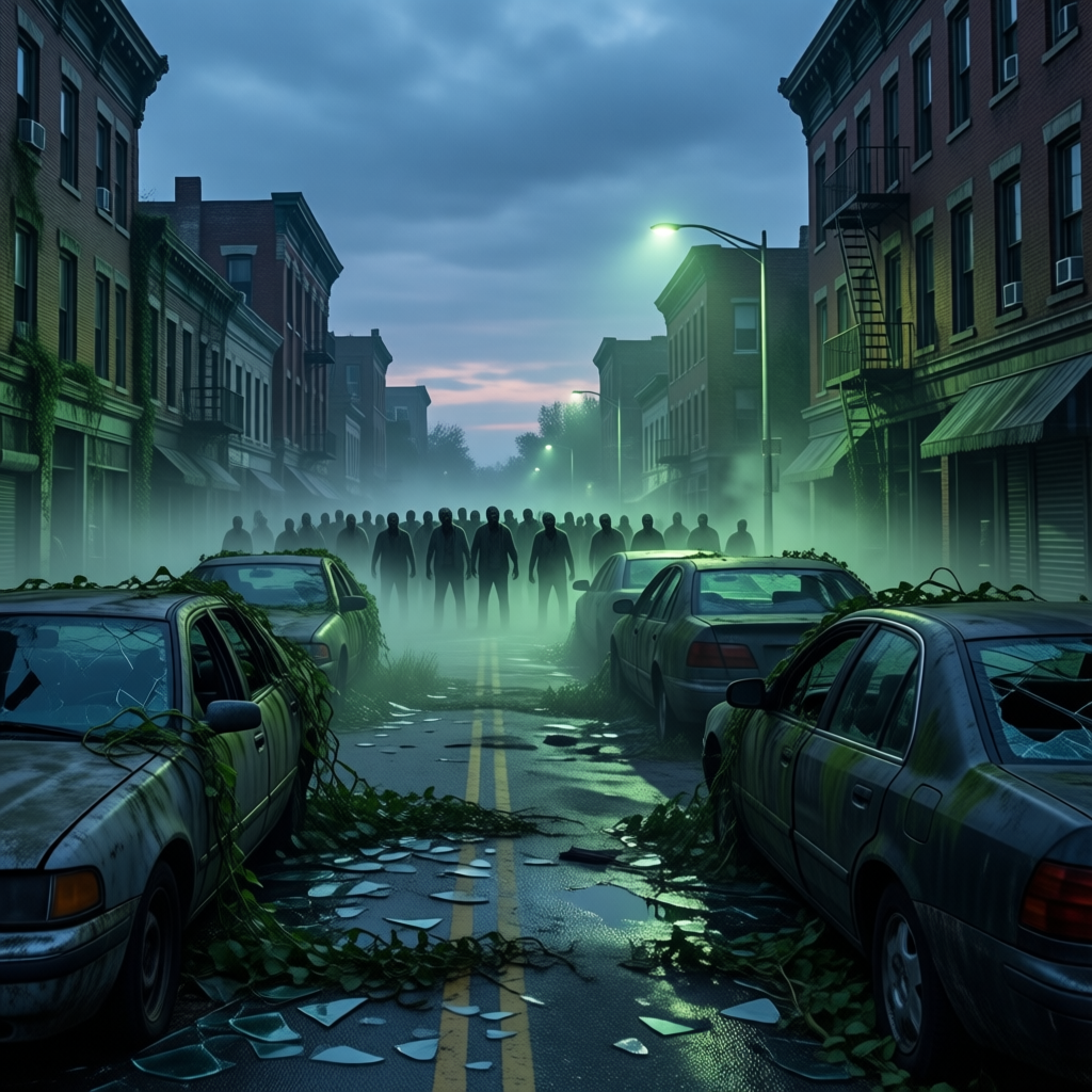 Overgrown city street at dusk with a distant horde