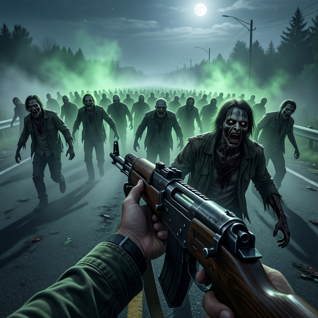 The Long Rot key art — a survivor faces a horde on an abandoned highway